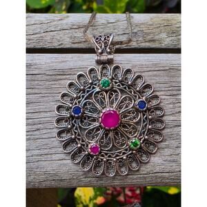 Vintage Sterling Silver Filagree Multi Gemstone Ruby Pendant Necklace, 24" Chain